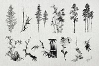 Japanese ink trees illustration collage element set psd