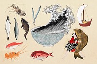 Oriental Japanese seafood illustration sticker set psd