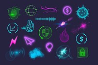 Neon technology illustration collage element set psd