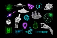 Digital technology illustration sticker set psd