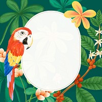 Macaw bird frame background, green floral design