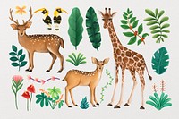 Wild animals drawing, botanical illustration set