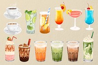 Beverage illustration set, hot & cold drinks drawing 