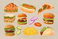 Fast food illustration collage element set psd