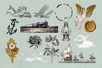 Vintage journal illustration collage element set psd