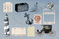 Vintage travel journal illustration collage element set psd