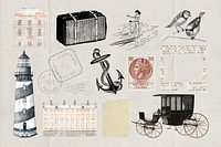 Vintage travel journal illustration sticker set psd