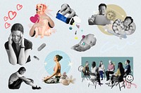 Health and wellness lifestyle remix collage element set psd