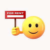 Emoticon holding rent sign mockup, 3D rendered design psd