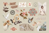 Vintage Ephemera illustration sticker set psd