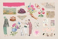 Vintage women illustration sticker set psd