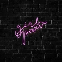 Girl power neon sign background, black brick wall