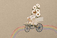 Vintage tricycle girl background, rainbow path