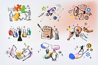 Business marketing doodles illustration collage element set psd