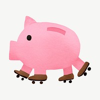 Skating piggy bank, finance collage element psd