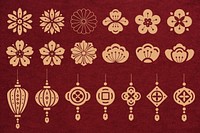 Chinese flowers lanterns, festive decorations set psd