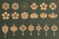 Chinese flowers lanterns, festive decorations set psd