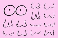 Breasts shapes doodle set, edgy women's health and breast cancer awareness illustrations 