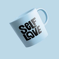 Coffee mug mockup, self-love text, customizable design psd