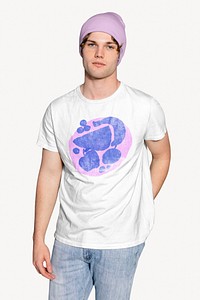 Man wearing fruit doodle t-shirt