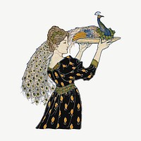 Woman carrying peacock on a tray collage element psd, remixed from the artwork of Louis Rhead