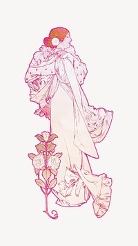 Alphonse Marie Mucha's lady, art nouveau illustration, remixed by rawpixel