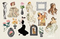 Vintage Art Nouveau woman character clipart psd set, remixed by rawpixel