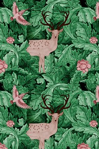 William Morris's green leaf pattern background, famous Art Nouveau artwork illustration, remixed by rawpixel