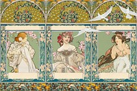 Flower crowned woman background, vintage art nouveau, remixed from the artwork of Alphonse Mucha