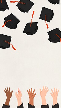 Graduation caps border phone wallpaper, hands illustration