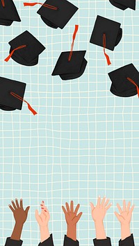 Graduation caps border phone wallpaper, hands illustration