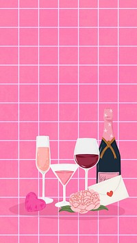 Valentine's date drinks phone wallpaper, pink grid patterned background