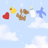 Cute clouds baby background, blue aesthetic border