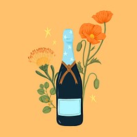 Floral champagne bottle, celebration drink illustration