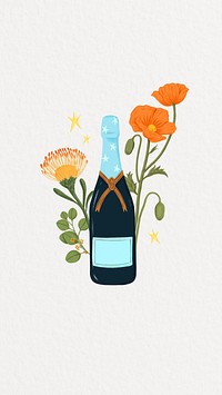 Floral champagne bottle phone wallpaper, celebration drink background