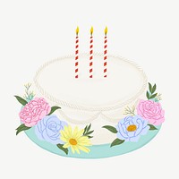 White birthday cake, floral dessert collage element psd