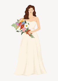 Bride holding flower bouquet, woman illustration