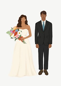 Black bride and groom, wedding collage element psd