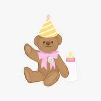 Birthday teddy bear wearing cone hat collage element psd