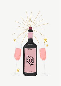 Pink champagne bottle, glasses, celebration drinks collage element psd