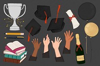 Graduation doodle, education clipart set psd