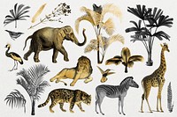 Gold wild animals vintage collage elements set psd