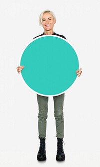 Woman holding round board mockup psd