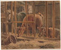 The interior of a stable with a white horse and two cows by Johan Thomas Lundbye