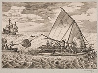 Dutch capture ship with wild people and children by Jan Theodor De Bry