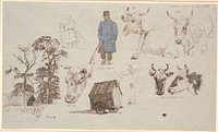 Study magazine from the milking site at Vognserup.Studies of cows.TVfarmhouse behind three tall trees, in the middle f.o.seated milkmaid with her back to him and a standing cowherd.f.n.a wagon by Johan Thomas Lundbye