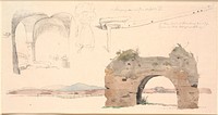 Study magazine from the Roman Campaign, Italy.Below water-colour study of the arch of a Roman aqueduct with a view of low mountains.F.o.study of open space with flat vaults, in the center an Italian woman carrying a large bundle on her head, t.h.a plough by Johan Thomas Lundbye