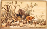 A shepherd with his flock by a shed by Hendrik Willem Schweickhardt