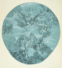 A female saint on clouds, surrounded by putti, above her angelic children and an angel holding a scroll inscribed: Beati pauperes spiritu by Giovanni Francesco Romanelli