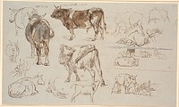 Study magazine from Vognserup.Studies of cows, bulls and calves.T.h.two landscape studies, the upper one with lying cows, the lower one with a milking scene by Johan Thomas Lundbye